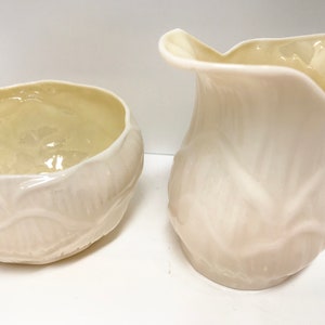 Iridescent Belleek Sugar Bowl and Creamer, Lily Pattern Green Mark Belleek Creamer, Made in Ireland Porcelain, Belleek Cream and Sugar image 4