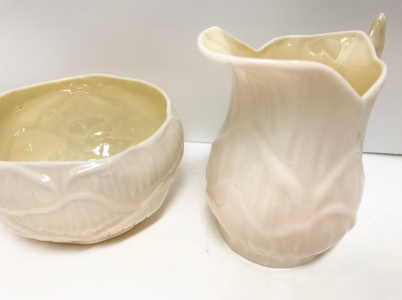 Iridescent Belleek Sugar Bowl and Creamer, Lily Pattern Green Mark Belleek Creamer, Made in Ireland Porcelain, Belleek Cream and Sugar image 4