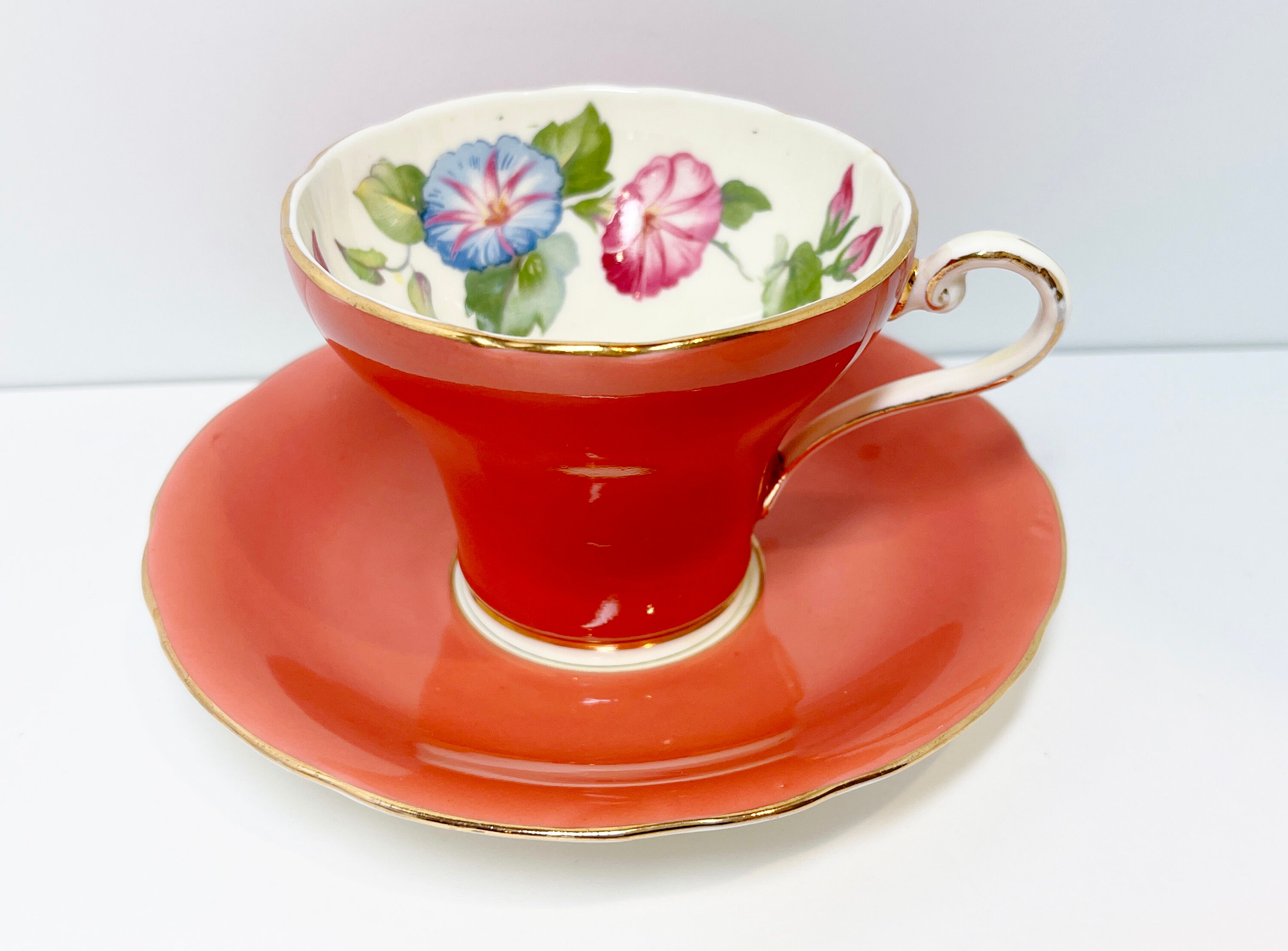 Captivating Aynsley Teacup and Saucer, Orange Teacups, Morning Glory