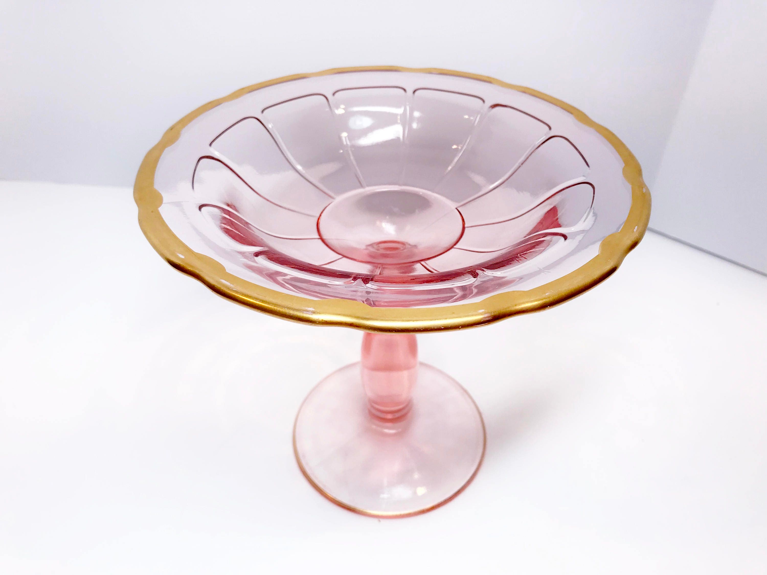 Pink Depression Glass, Gold Pink Compote, Pink Serving Dish, Pink Gold