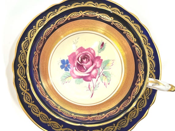 Paragon Teacup and Saucer, Double Warrant, Navy Gold Teacup, Rose Teacup, Gift for Her, Anniversary Gift, Gift for Sweetheart, Birthday Gift