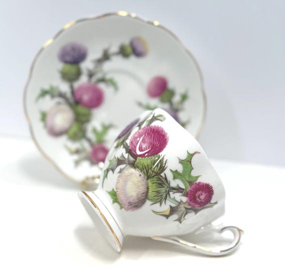 Queen Anne Dundee Thistle Teacup and Saucer: Scottish Highlands Design