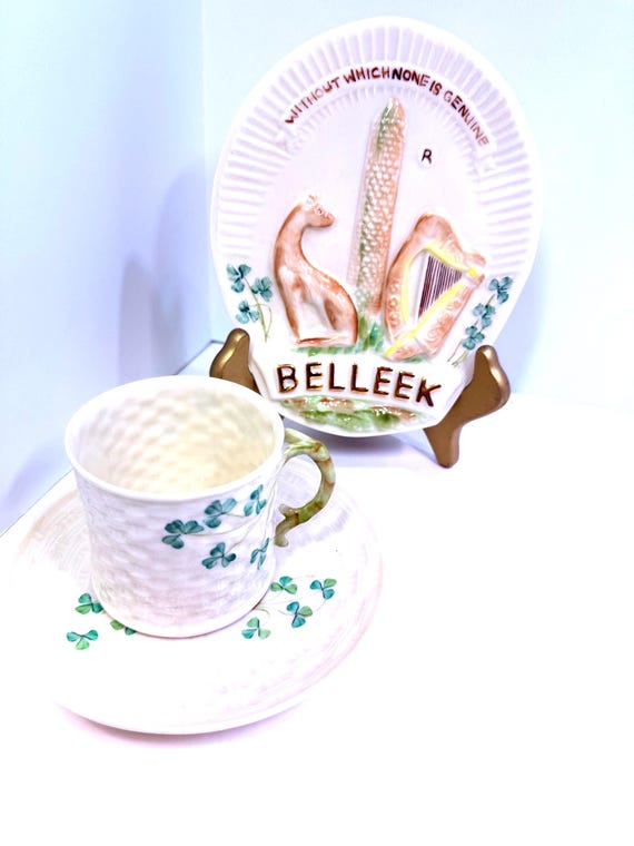 Shamrock Belleek Mug and Saucer, Shamrock Mug, Gaelic Coffee Mug, Basket Weave Belleek China, Belleek Teacup, Gift for Him