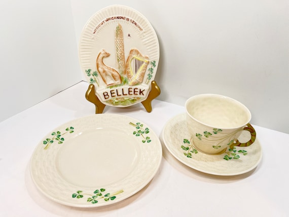 3 Piece Belleek Tea Cup and Saucer , Shamrock Ware Cup ,  Irish Tea Cup ,  Shamrock Belleek China , Green Mark Belleek , Anniversary Gift