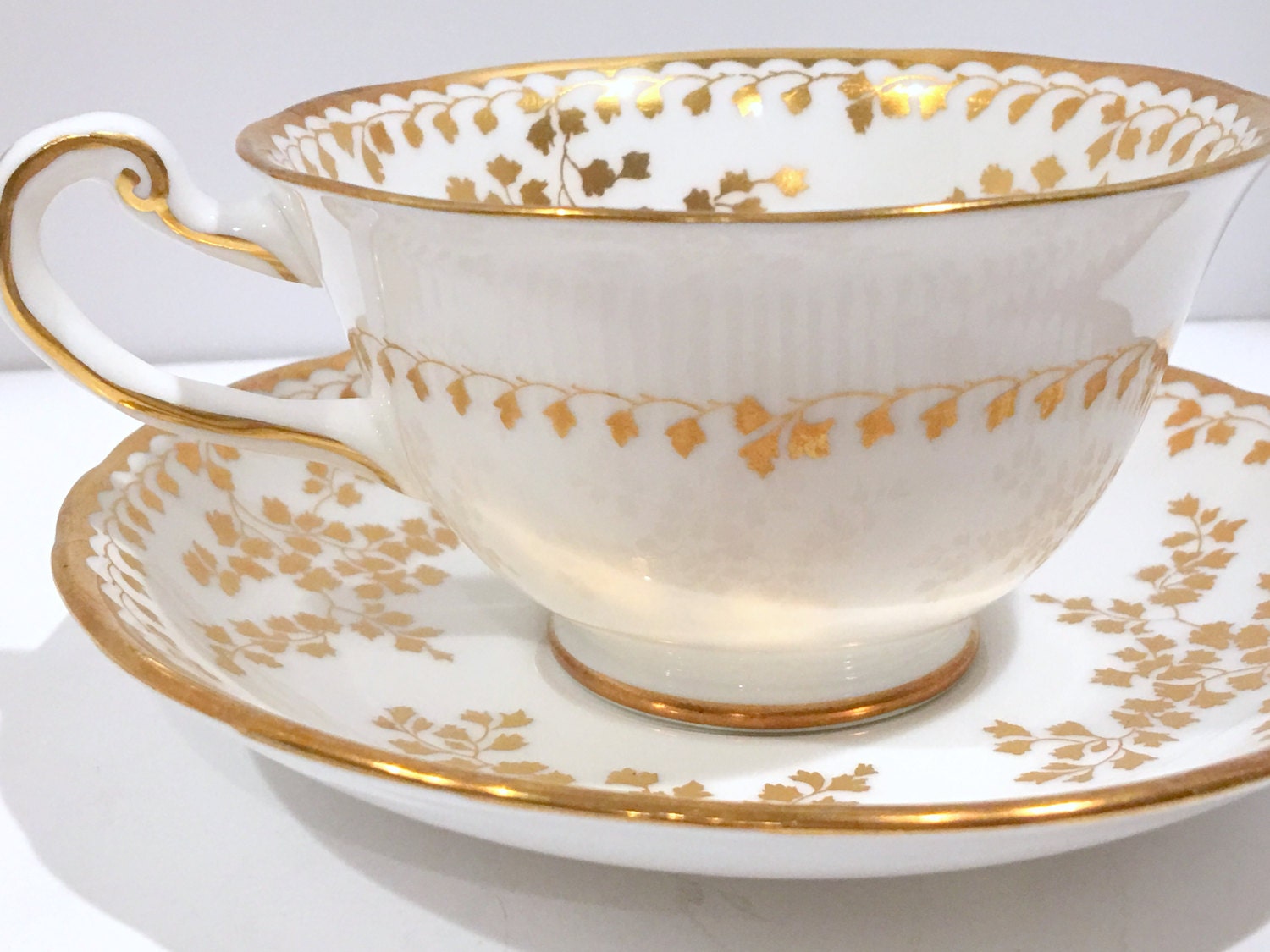 Royal Chelsea Tea Cup and Saucer, English Teacups, Gold White Tea Cups