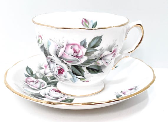 Royal Vale Rose Teacup and Saucer: Vintage Bone China, Gold Trim