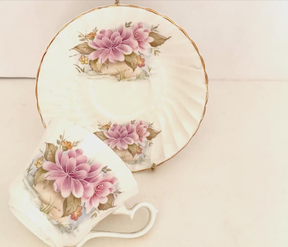 Royal Sutherland Lotus Teacup and Saucer, English Bone China, Pink Lotus Teacup