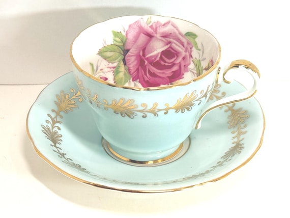Aynsley Bone China Teacup and Saucer, Aqua Rose Design