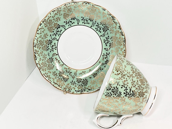 Colclough Teacup and Saucer, Gold Green Teacups, English Bone China, Anniversary Gift, Gifts for Her, Gift for Friend