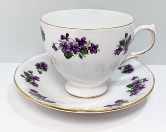 Queen Anne Tea Cup and Saucer , Floral Tea Cup , Purple Violet Teacup , Hostess Gift , Housewarming Gift for Her , Teacher Gift