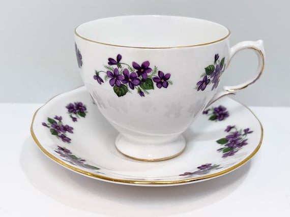 Queen Anne Tea Cup and Saucer , Floral Tea Cup , Purple Violet Teacup , Hostess Gift , Housewarming Gift for Her , Teacher Gift