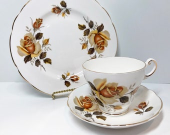 Regency Teacup and Saucer and Plate , Floral Teacup , Housewarming Gift ,  Floral Tea Cups, Yellow Rose Cup, Gift for Her