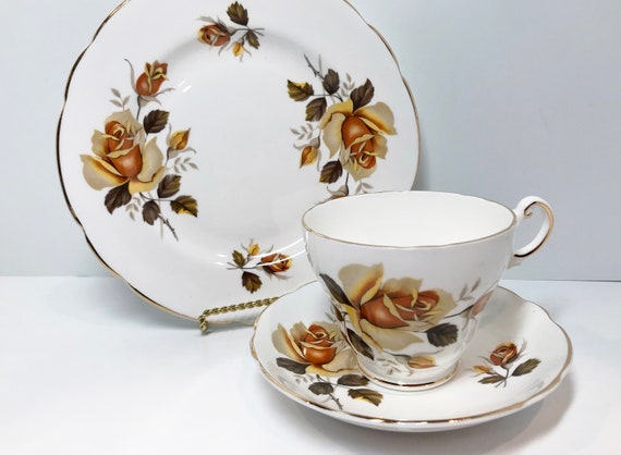 Regency Teacup and Saucer and Plate , Floral Teacup , Housewarming Gift ,  Floral Tea Cups, Yellow Rose Cup, Gift for Her