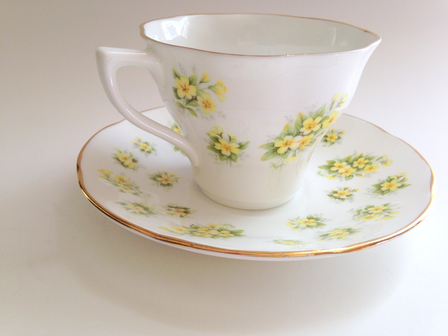 Queens Bone China Tea Cup and Saucer, Yellow Flowered Cup and Saucer