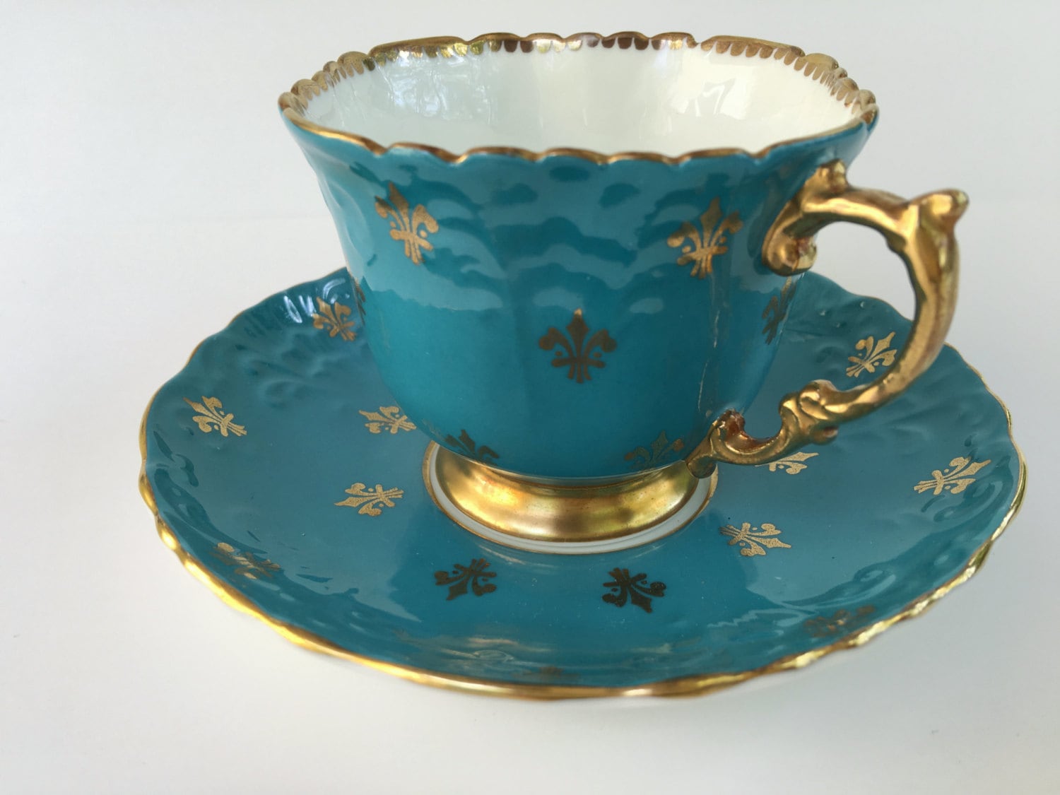 Fleur de Lis Aynsley Tea Cup and Saucer, Aqua Gold Cup, Antique Tea Set