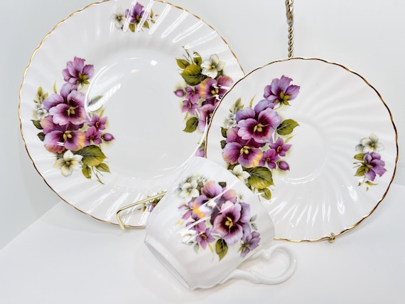 Pansy Teacup, Trio by Luxford, Teacup Saucer and Plate, Floral Teacup, Gift for Her, Anniversary Gift, Mothers Day