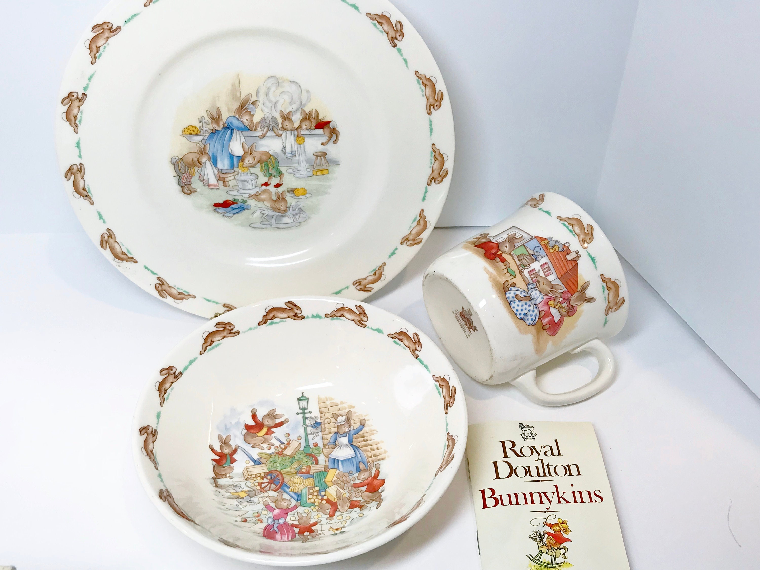 Bunnykins China, Royal Doulton Bunnykins, Cereal Bowl Mug Plate