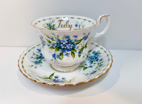 Royal Albert Tea Cup and Saucer, Flower Month Series, July Birthday Cup, Forget Me Not Pattern, Vintage Tea Cups Antique