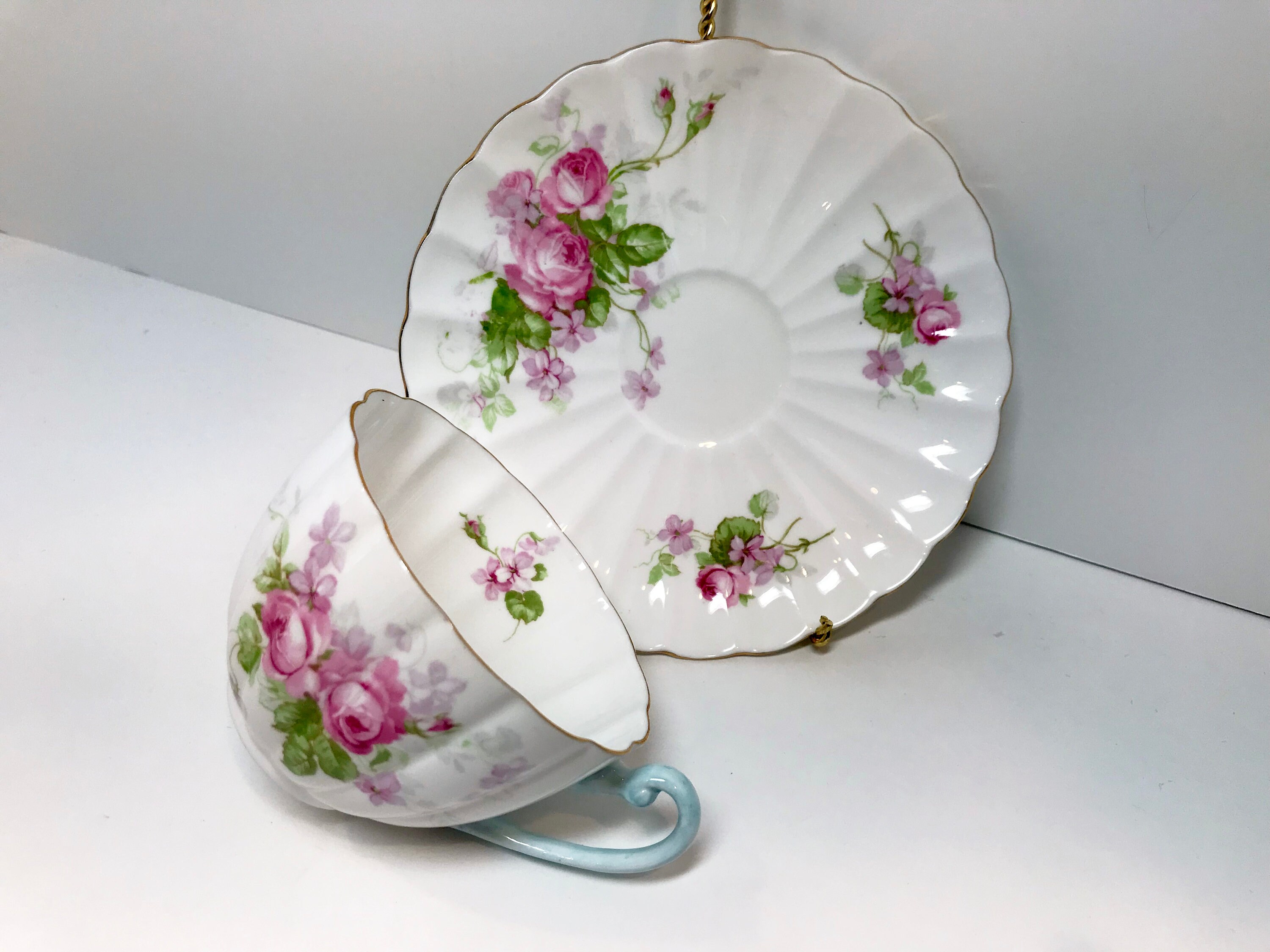 Floral Shelley Tea Cup and Saucer, Rose Teacup, Ludlow Shape, Antique