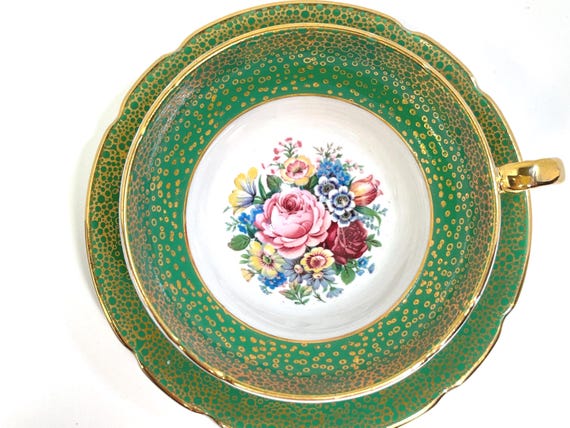Stanley Teacup and Saucer, Floral Teacup, Green Gold Teacup, Vintage Teacup, Anniversary Gift, Gift for Friend, Gift for Sweetheart