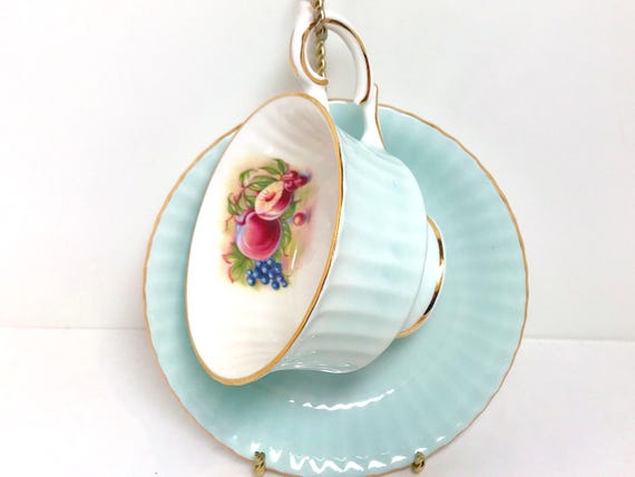 Royal Standard Teacup and Saucer, Fruit Teacup, Aqua Teacup, Vintage Teacup, Gift for Her, Anniversary Gift, Gift for Him, Housewarming Gift
