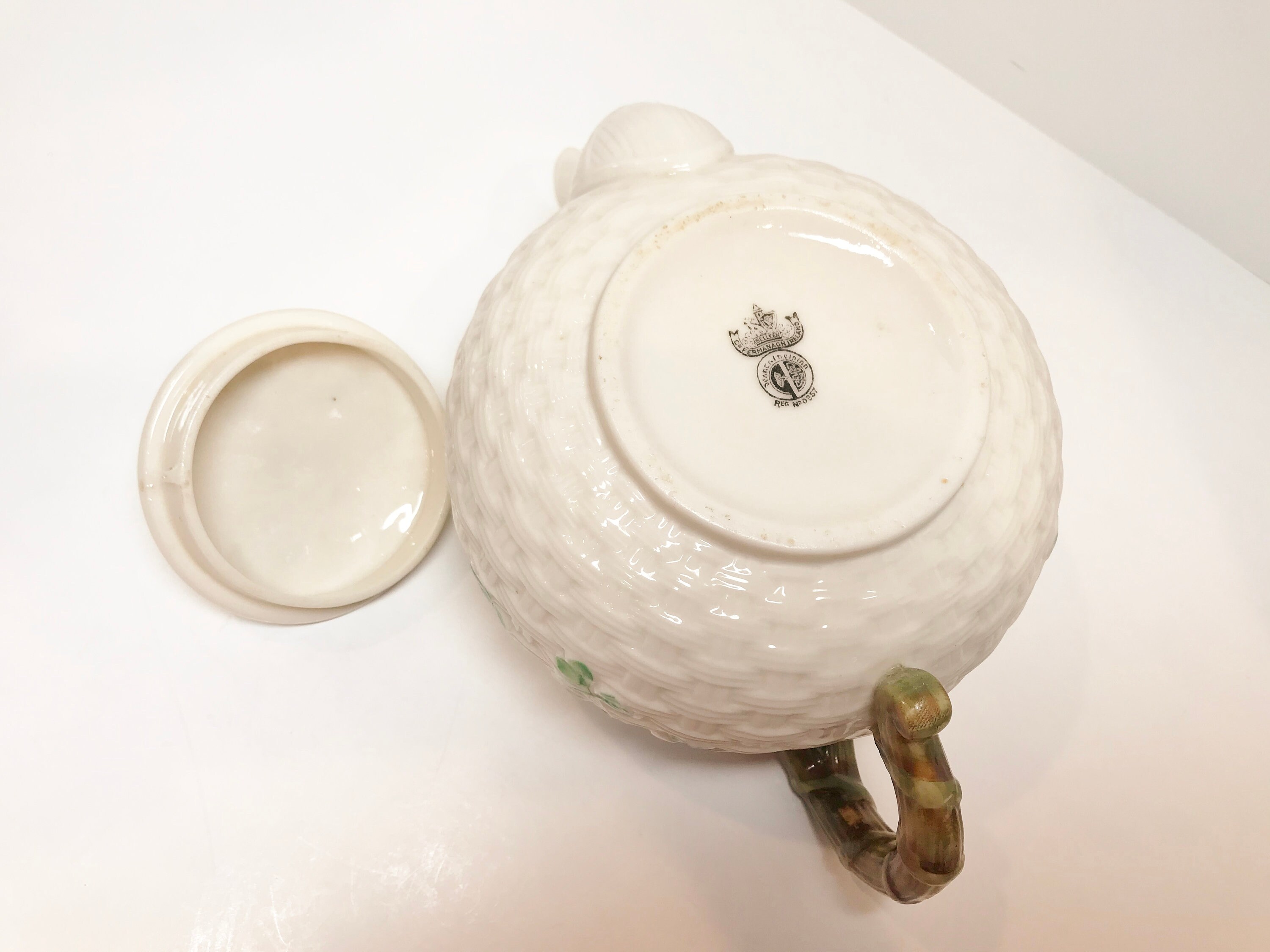 Large Shamrock Belleek Teapot, Shamrock Belleek, Black Mark Belleek