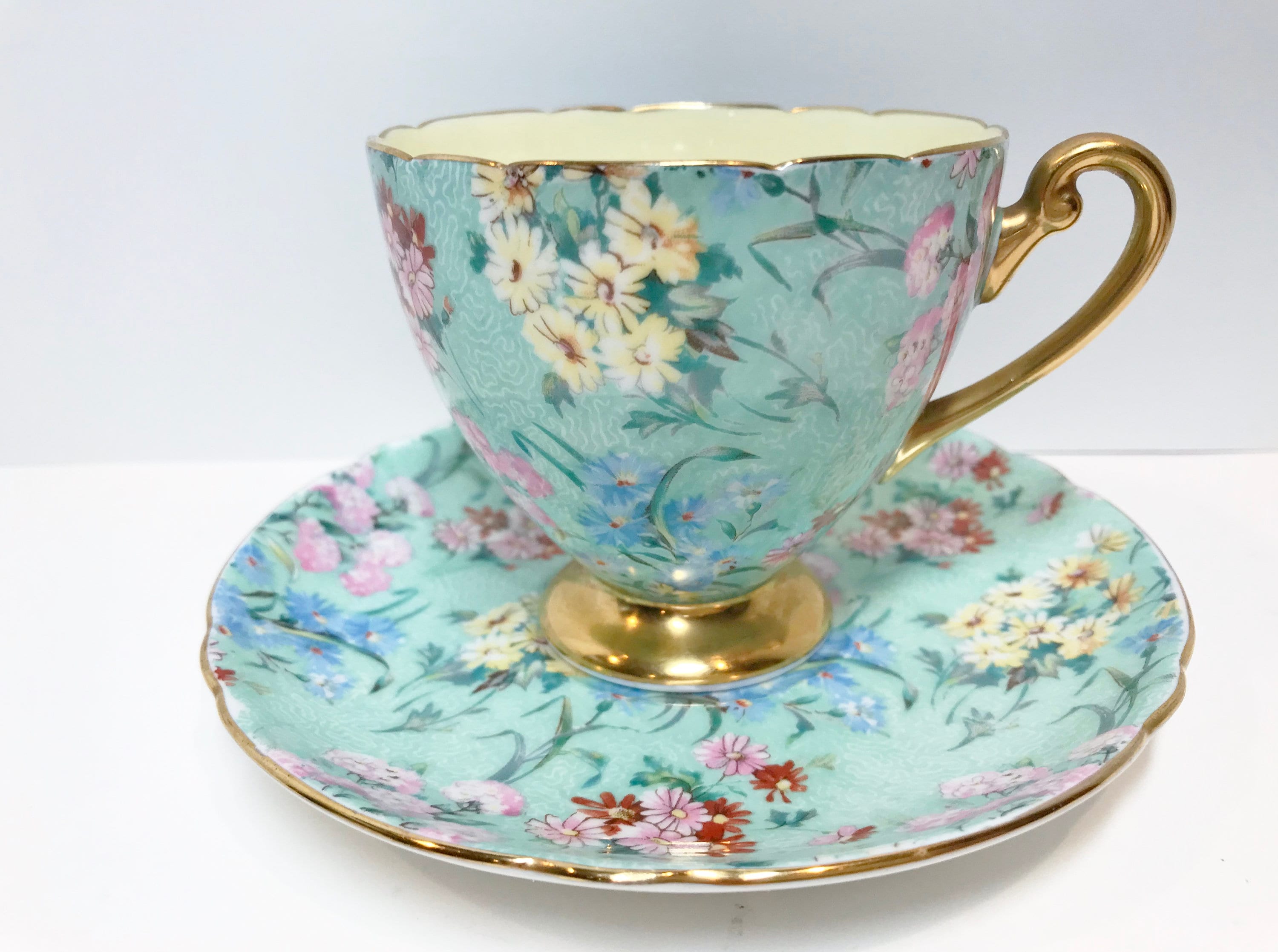 Melody by Shelly Fine Bone China Teacup and Saucer or Demitasse Cup and Saucer Green Chintz Tea