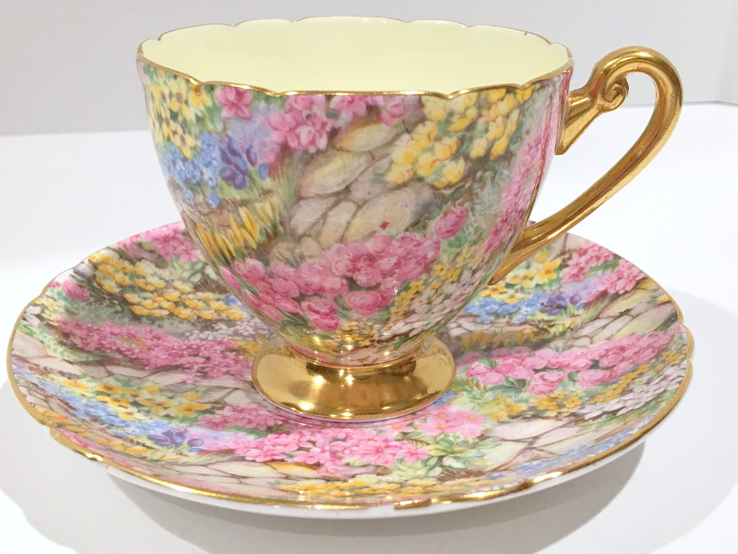 Rock Garden Chintz Shelley Tea Cup and Saucer, Ripon Shape, Chintz Tea