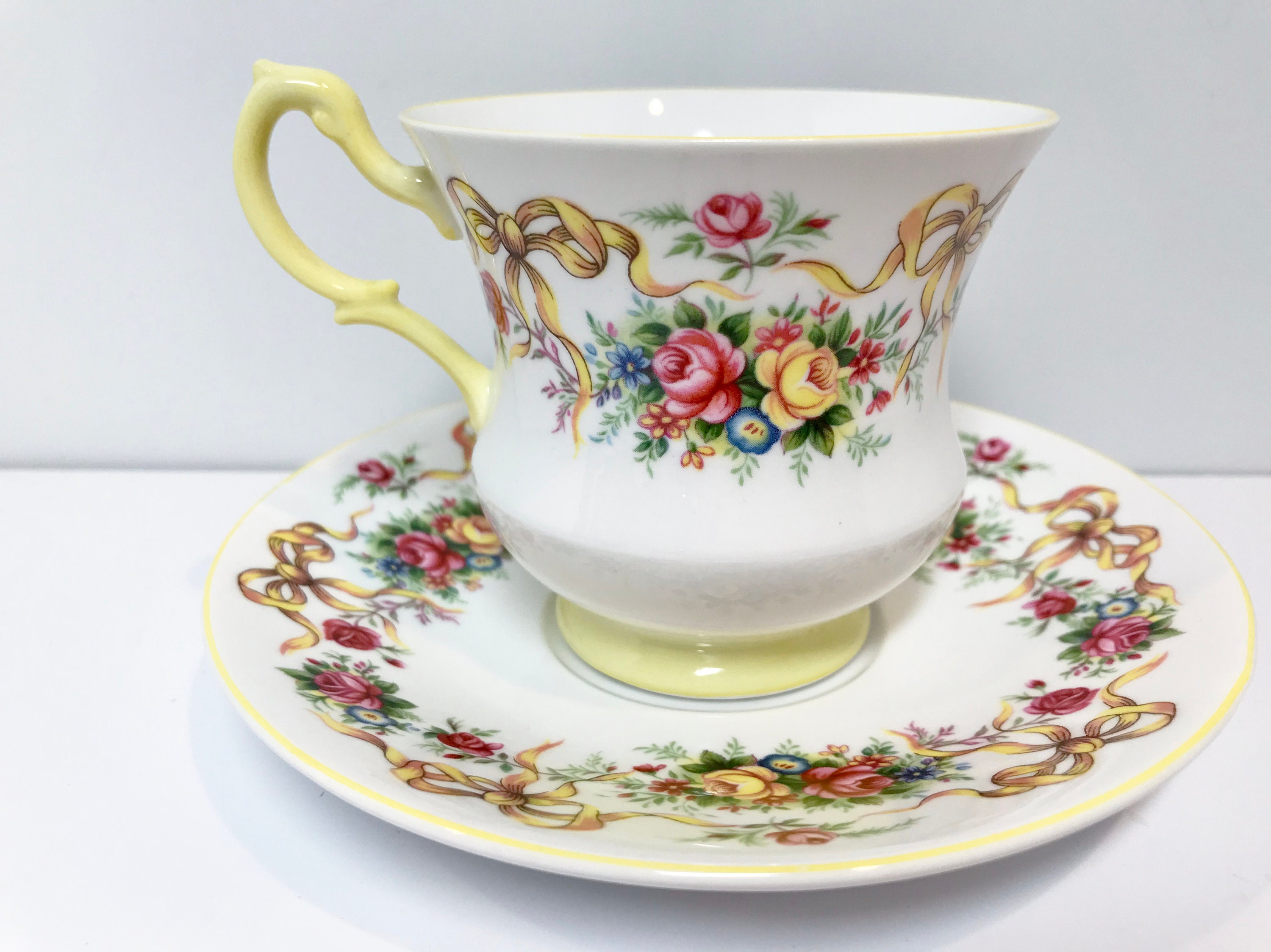Happy Birthday Queens Tea Cup and Saucer, Ribbon Tea Cups, Yellow