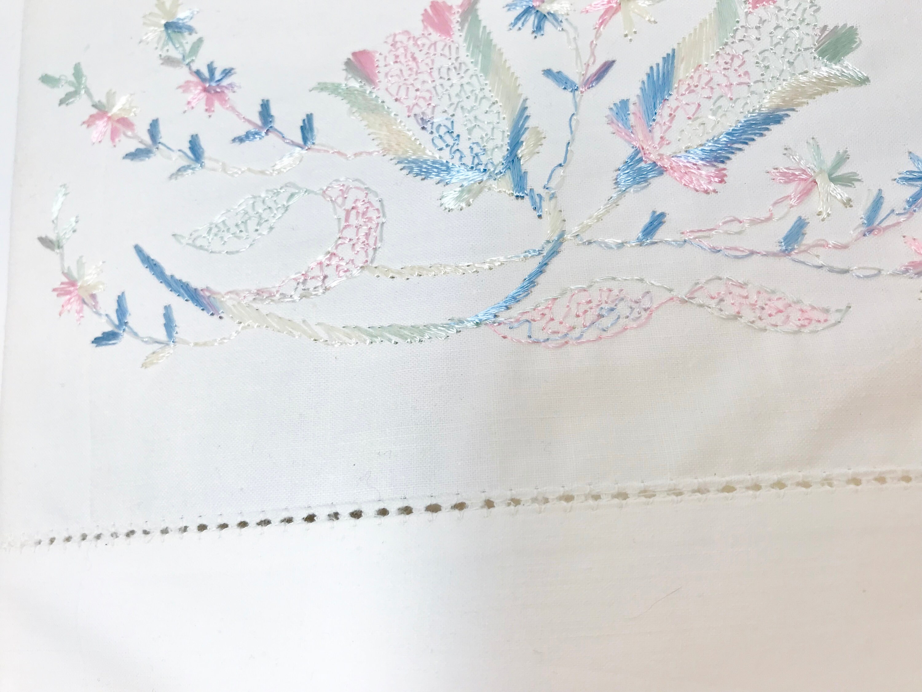 Vintage White Pillowcases, NOS Embroidered Cases, Hand Embroidered