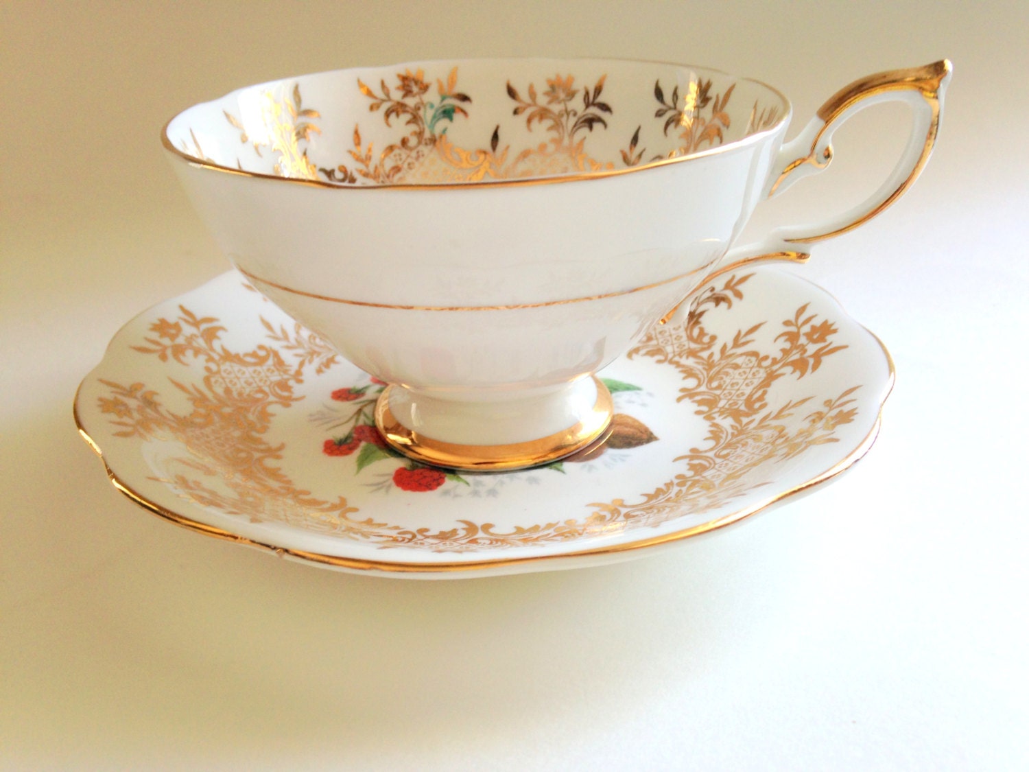 Royal Standard Tea Cup and Saucer, Gold Fruit Bone China Cup and Saucer