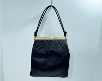 Magid Black Satin Evening Bag with Mother of Pearl Trim
