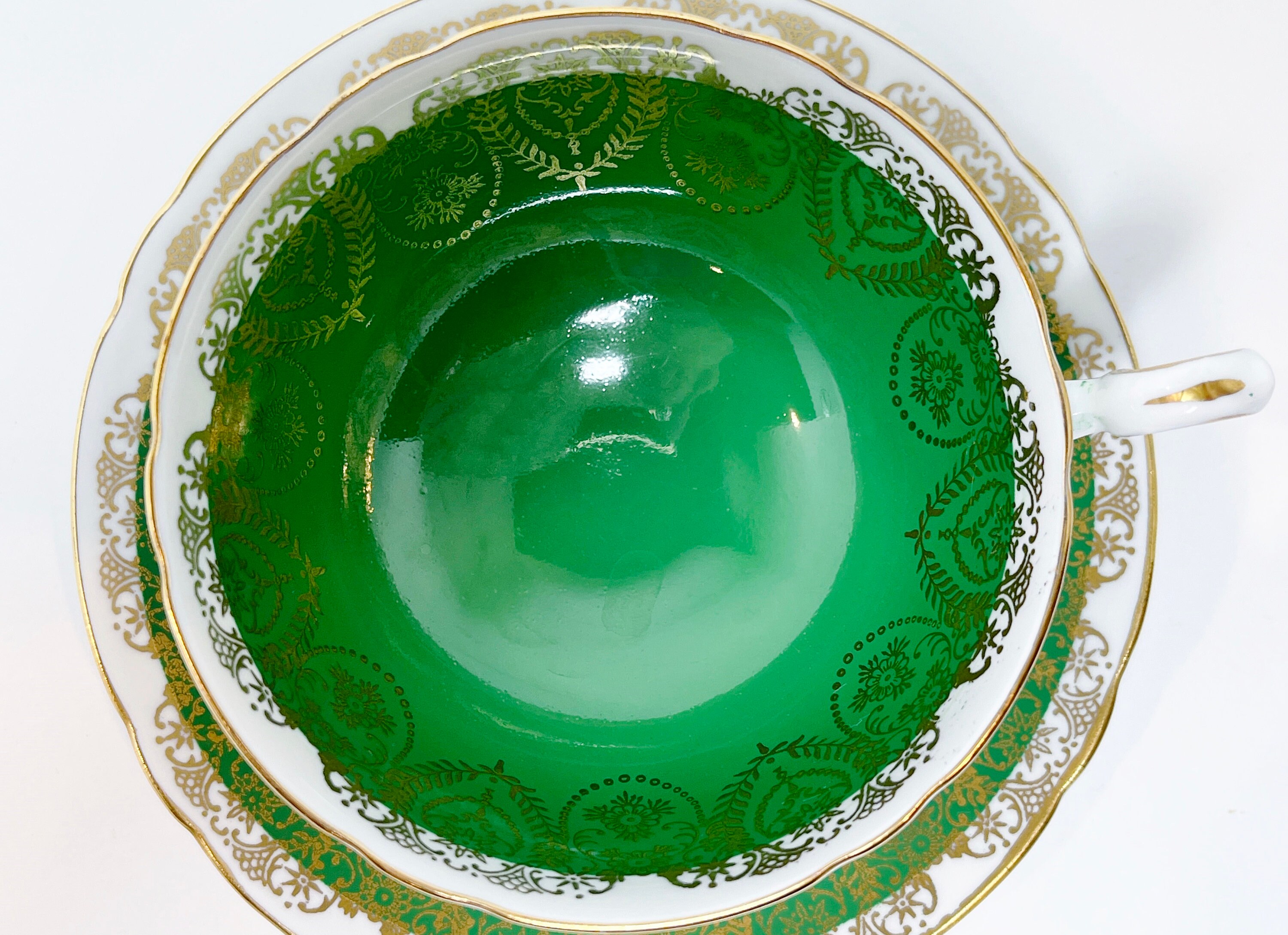 Green Gold by Shelley Fine China, Lincoln Shape, Pattern 0664, Antique Tea Cups, Vintage Tea