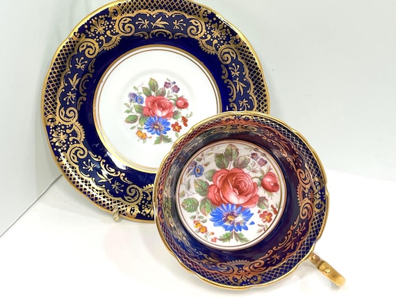 Hand Painted Aynsley Teacup, English Teacup, Antique Teacup, Navy Gold Teacup, Gift for Her, Anniversary Gift, Gift for Sweetheart