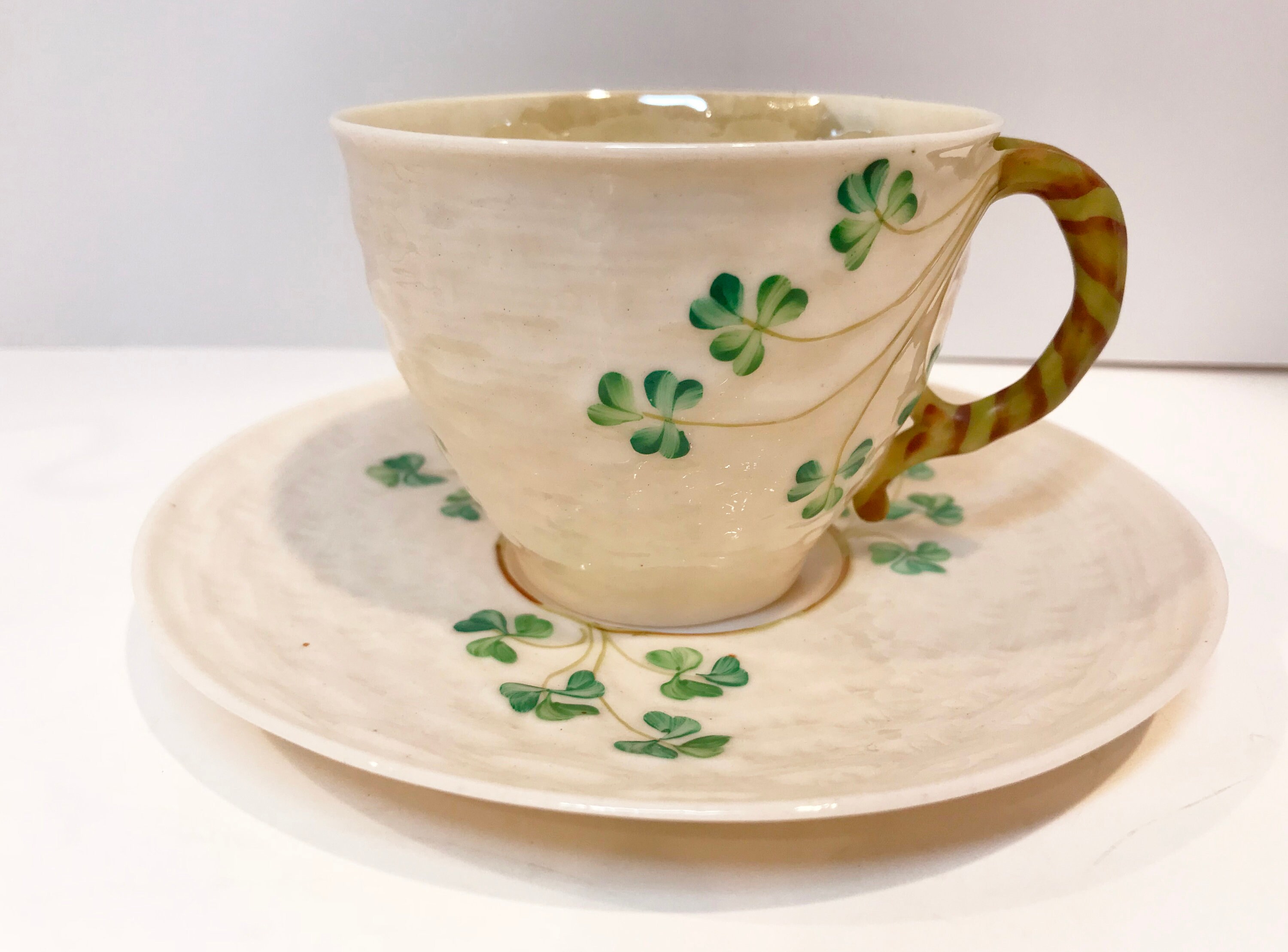 Shamrock Belleek Tea Cup and Saucer, Irish Tea Cup, Basket Weave