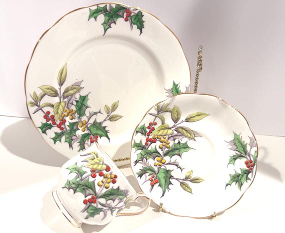 Christmas Teacup, Royal Albert Trio, Holly Pattern, Hand Painted, December Birthday, Holiday Teacup, Christmas Gift, Hostess Gift