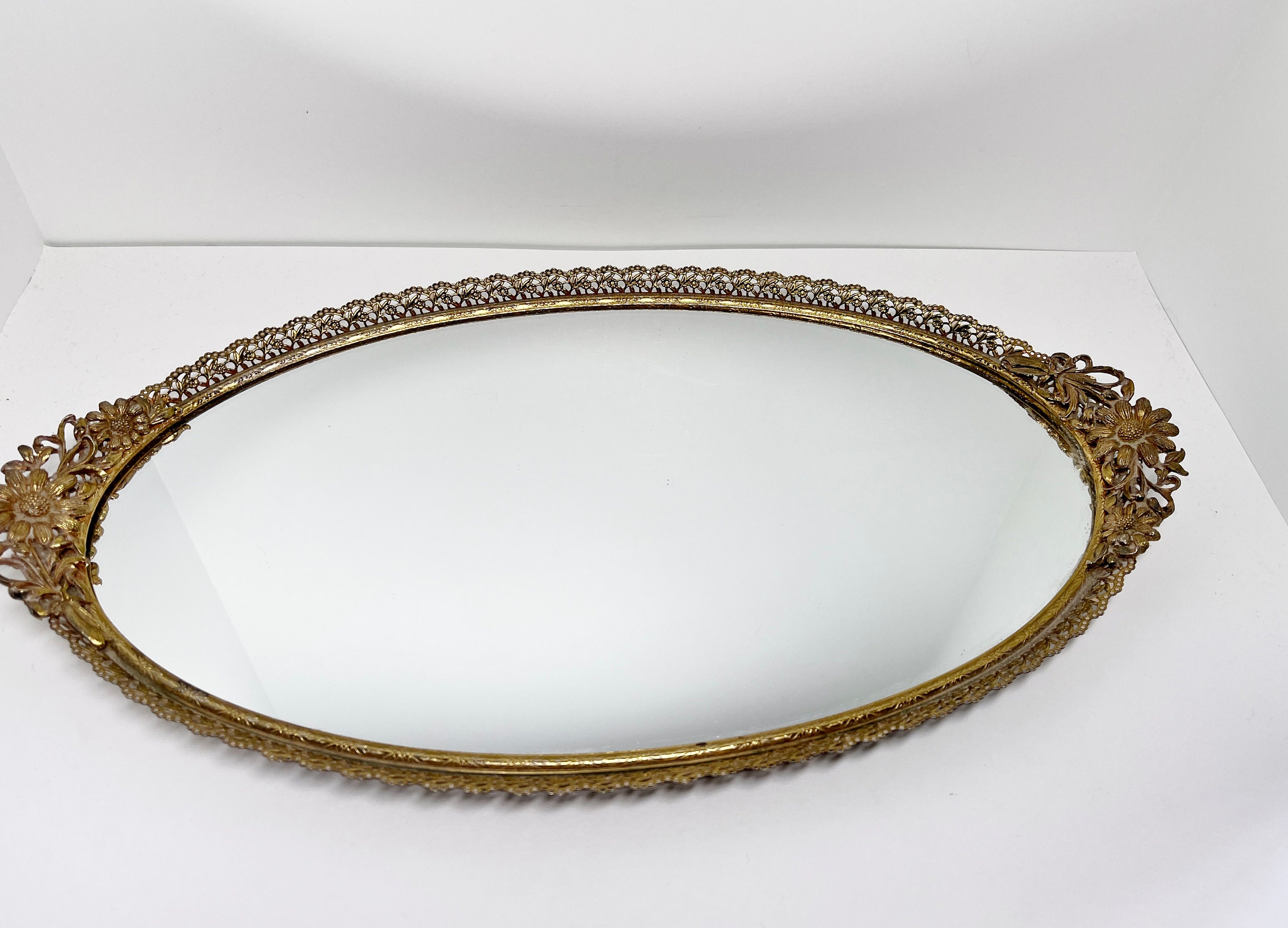 Oval Vanity Tray, Mirrored Vanity Tray, Brass Vanity Tray, Ormolu
