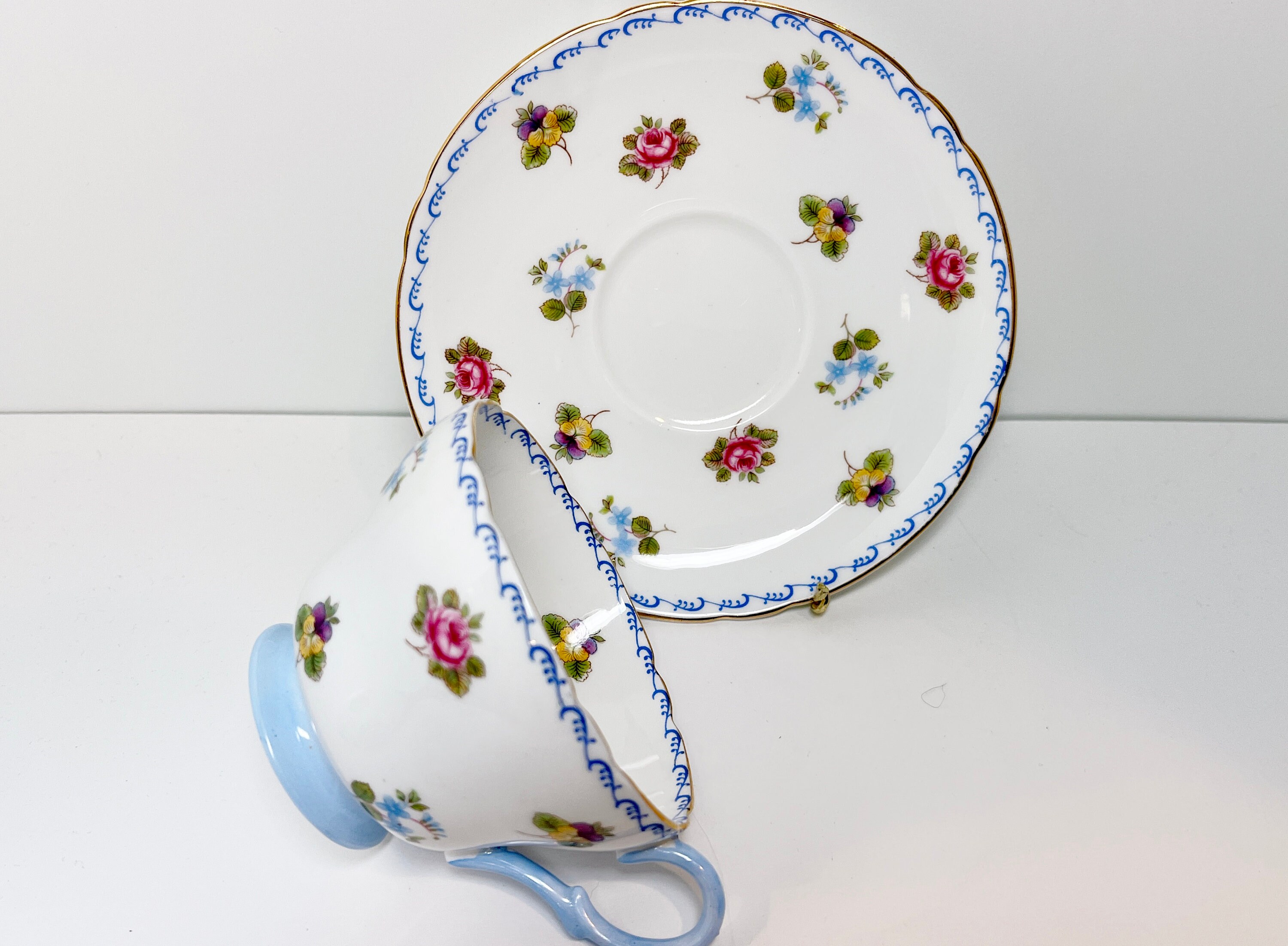 Shelley Teacup and Saucer, Roses Pansies and Me Not Pattern