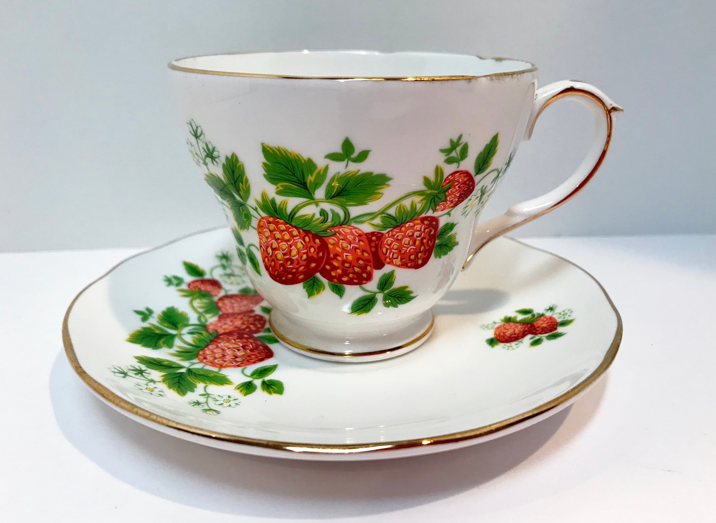 Strawberry Teacup, Duchess Teacup and Saucer, English Bone China
