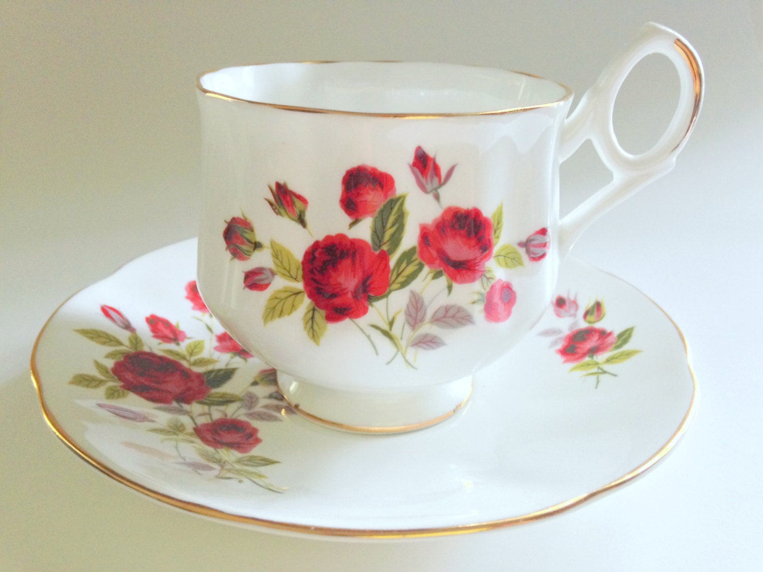 Stems of Hand Painted Roses Tea Cup and Saucer, Royal Dover Tea Cups