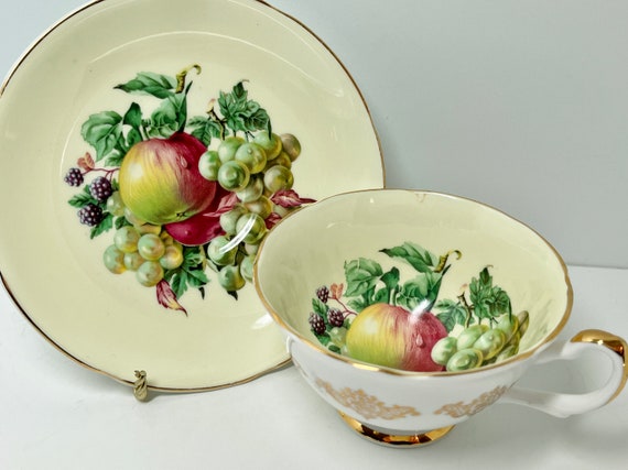 Yellow Royal Grafton Tea Cup, Antique Teacup, English Bone China Cups, Fruit Center Cups, Antique Tea Cups Vintage, English Teacup