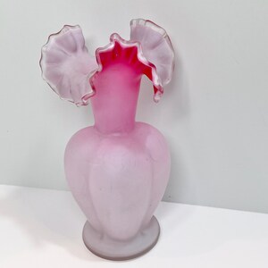 Victorian Cased Glass , Blown Glass , Ruffled Top Vase , Pink White Glass , Antique Glass Vase image 4