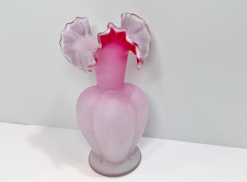 Victorian Cased Glass , Blown Glass , Ruffled Top Vase , Pink White Glass , Antique Glass Vase image 4