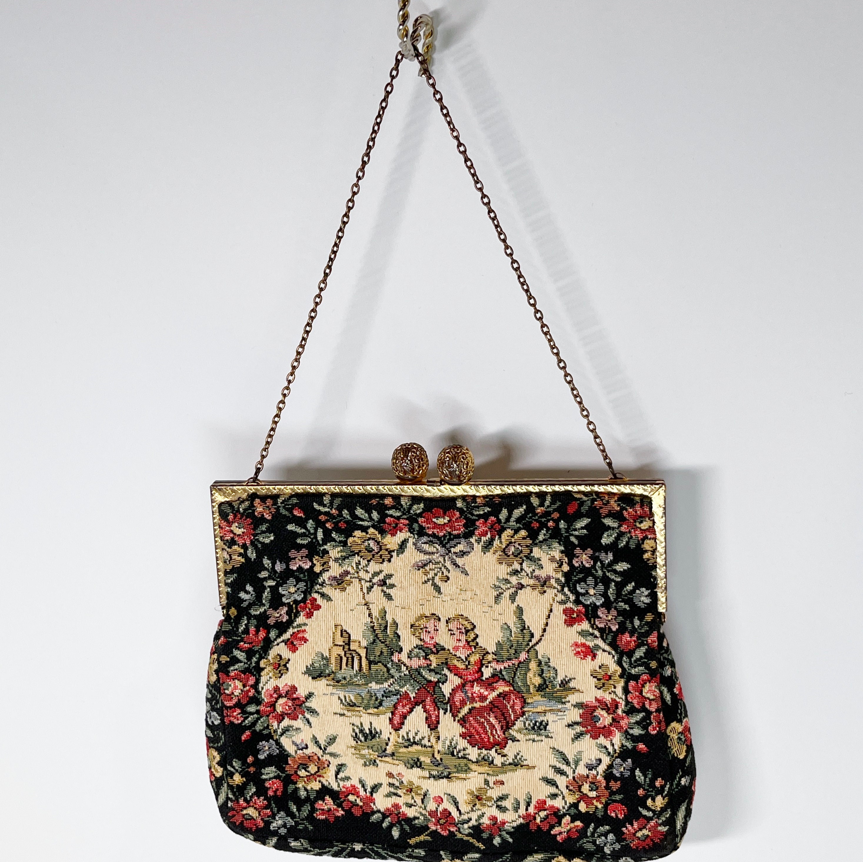 Parisian Evening Bag , Tapestry Evening Bag , Loving Couple Evening Bag ,  Black Evening Bag , Floral Evening Bag