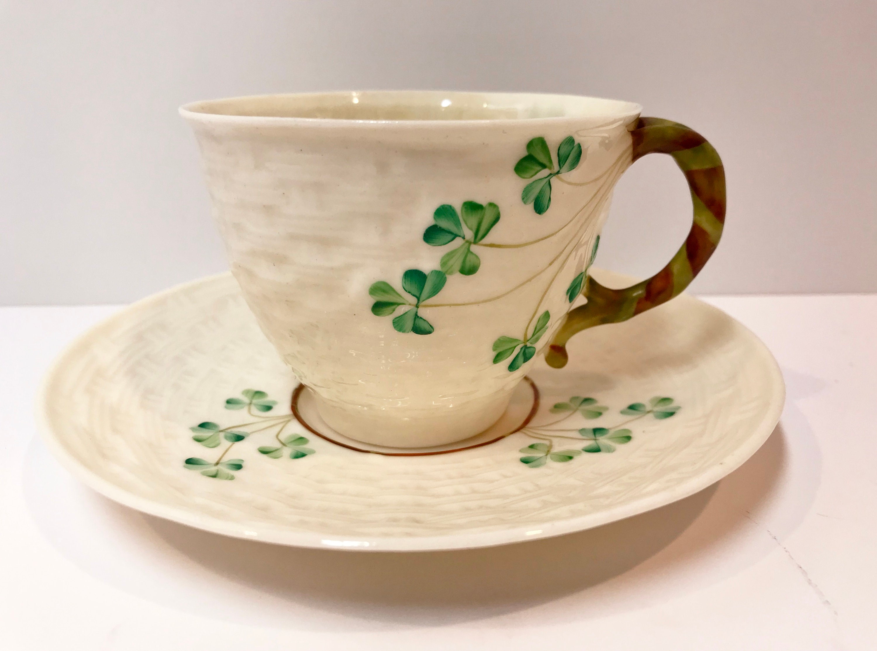 Shamrock Belleek Tea Cup and Saucer, Irish Tea Cup, Basket Weave
