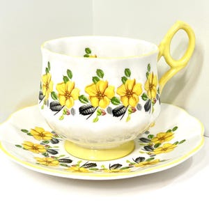 Rosina Tea Cup and Saucer, Yellow Flower Pattern, Antique Tea Cups Vintage, English Tea Cups,  Floral Teacups , Gift for Her