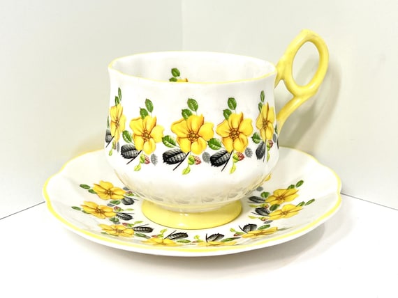 Rosina Tea Cup and Saucer, Yellow Flower Pattern, Antique Tea Cups Vintage, English Tea Cups,  Floral Teacups , Gift for Her