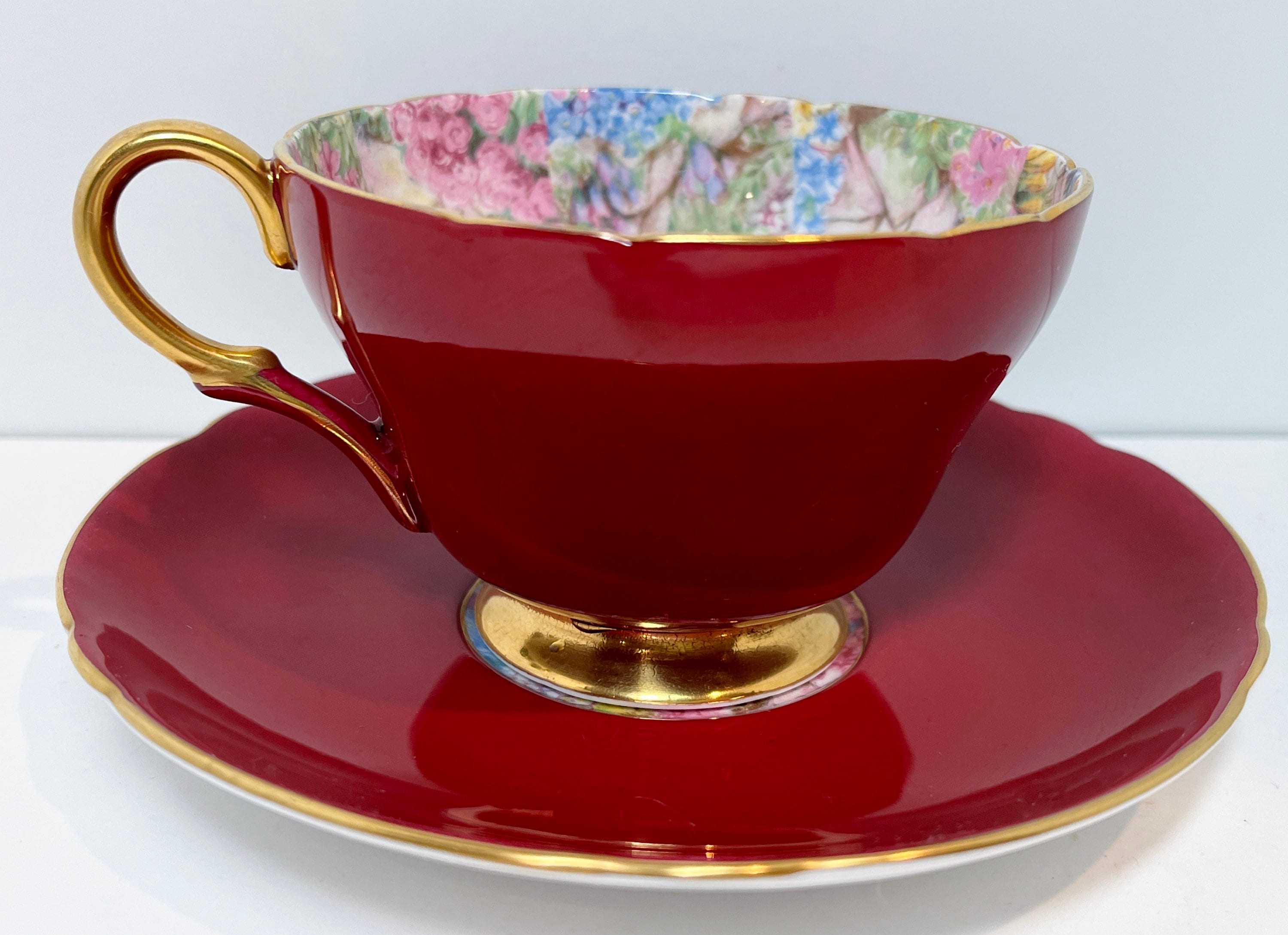 Shelley Rock Garden, Tea Cup and Saucer, Henley Shape, Red Shelley, Tea
