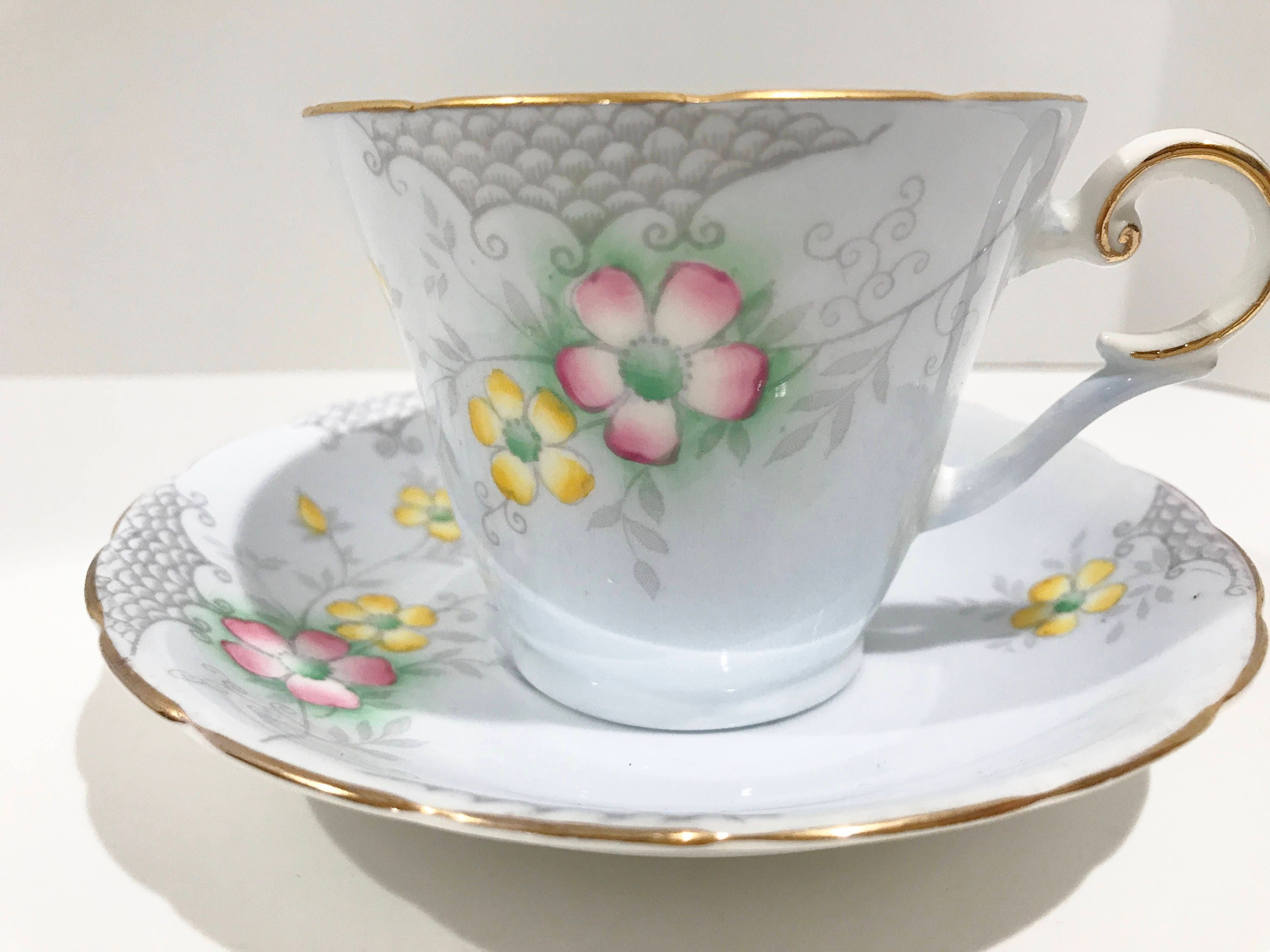 Wellington Tea Cup and Saucer, Antique Tea Cups Vintage, Gray Tea Cups