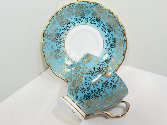 Colclough Teacup and Saucer, Gold Blue Teacups, English Bone China, Anniversary Gift, Gifts for Her, Gift for Friend